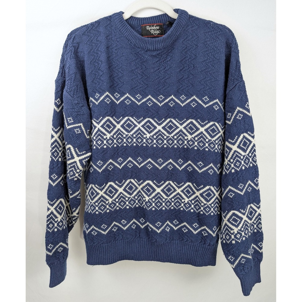 Vintage 90s Fair Isle Wool Blend Sweater Size M Blue Retro Cottagecore Apre Ski